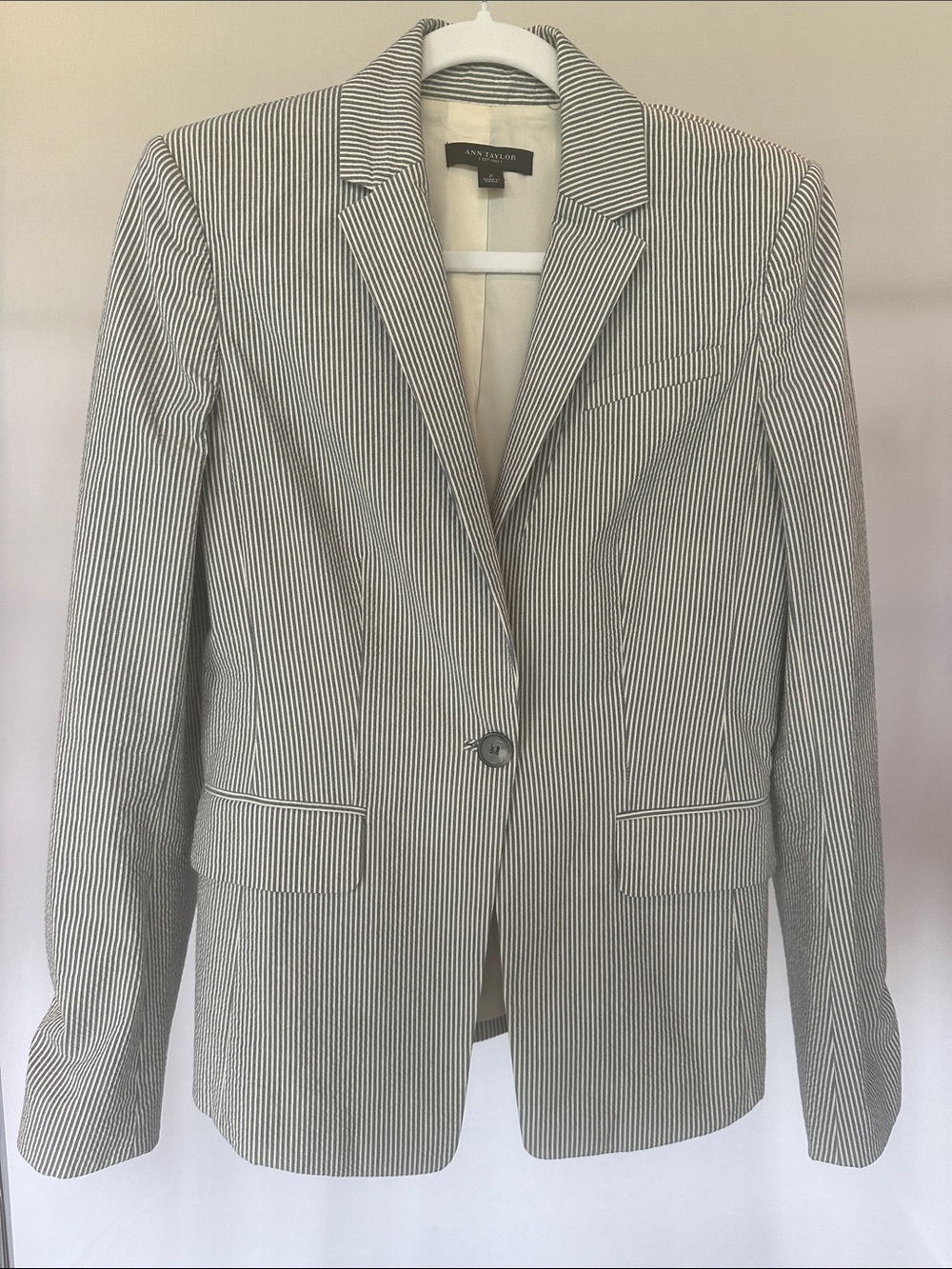 Ann Taylor Navy & White Stretch Cotton Seersucker Blazer | Size 2